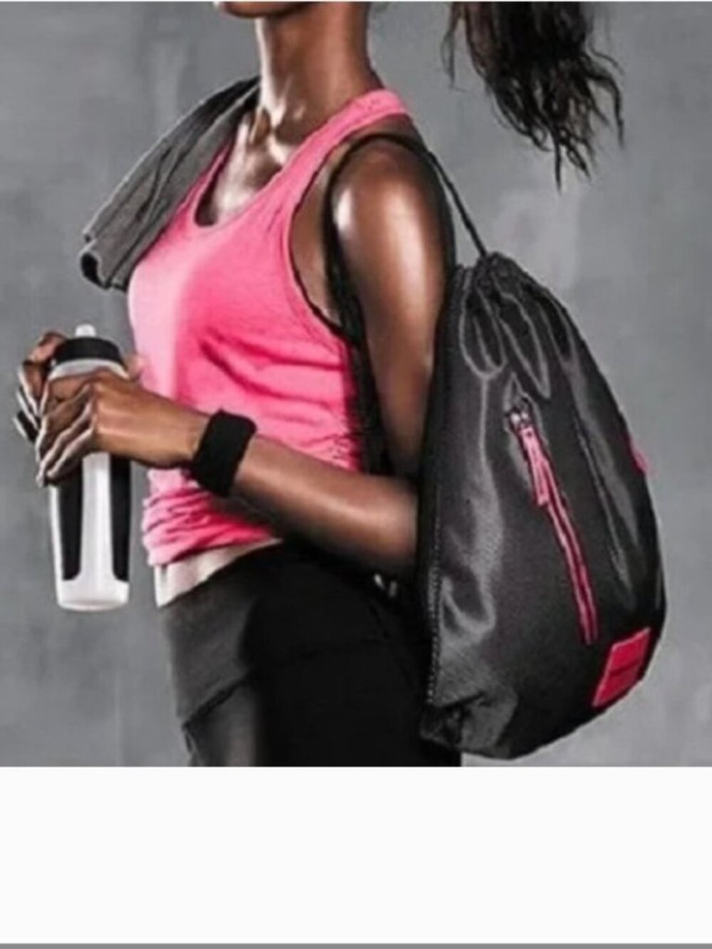 New Victoria's Secret Drawstring Backpack Bag Black Silver Mesh Pink Logo Lined